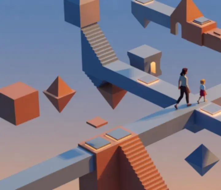 Művészi felépítésű Monument Valley 2 környezet meleg tónusokkal és minimalista geometriával