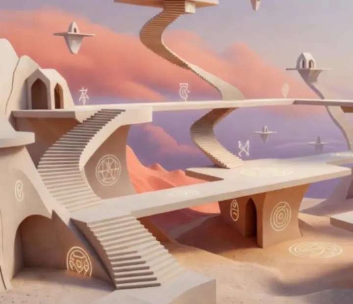 Absztrakt, geometrikus völgyképet ábrázoló Monument Valley 2 jelenet, lebegő építészeti struktúrákkal