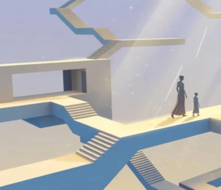 Ro és gyermeke egy monumentális, lehetetlen építészeti szerkezet tetején a Monument Valley 2 egyik jelenetében