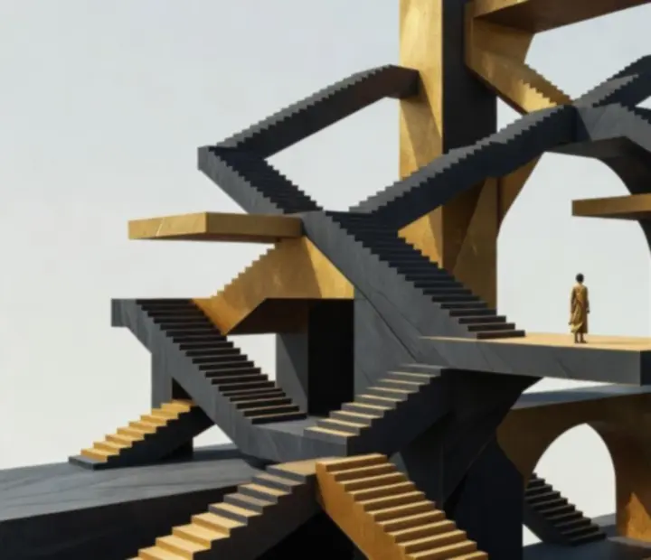Lehetetlen geometriai szerkezet Monument Valley 2 stílusában, ívekkel és egymásba forduló lépcsőkkel