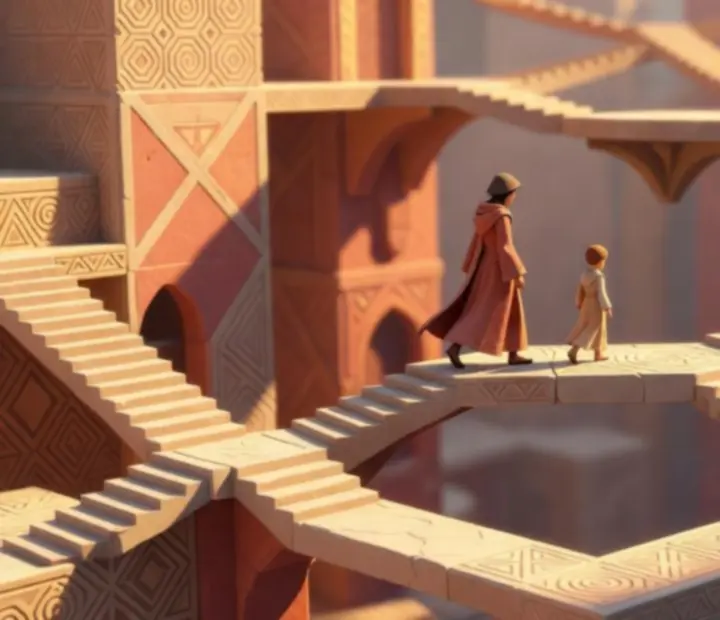 Ro és gyermeke egy illuzórikus ösvényen halad a Monument Valley 2 egyik pályáján