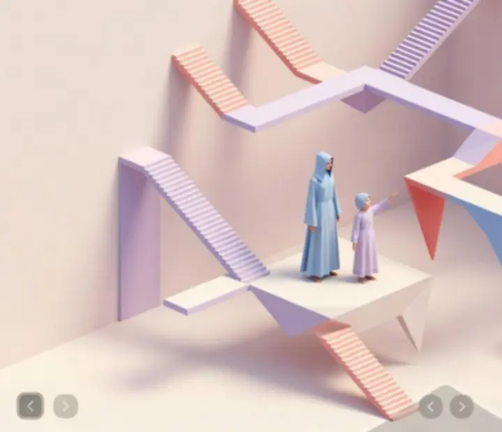 Monument Valley 2 puzzle-jelenet lehetetlen lépcsőkkel és geometriai szerkezetekkel