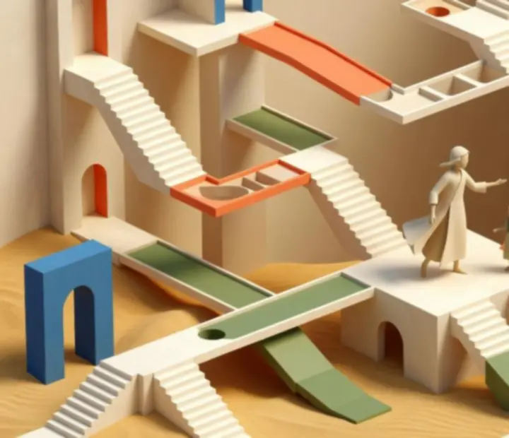 Puzzle-jelenet a Monument Valley 2-ben, ahol mozgó platformok és lépcsők alkotnak megoldandó feladványt