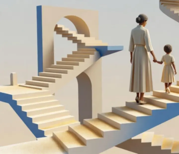 Ro és gyermeke együtt haladnak egy Monument Valley 2 pályán, geometrikus lépcsők és ívek között