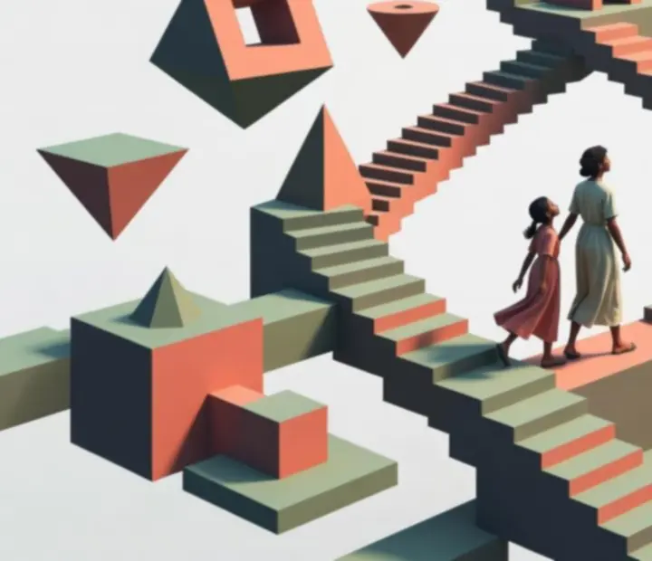 Ro és gyermeke egy lebegő lépcsősoron állnak a Monument Valley 2 egyik jelenetében