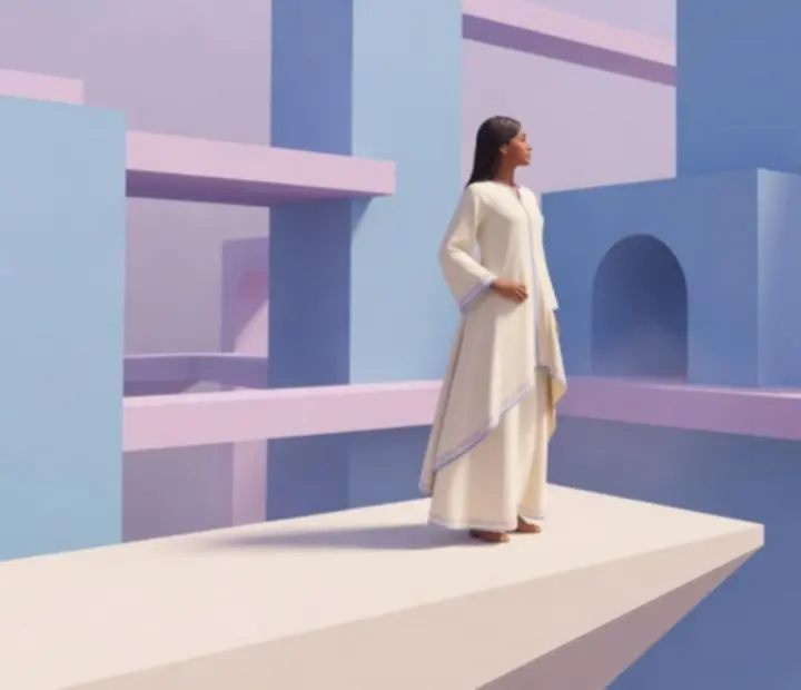 Ro stilizált ábrázolása Monument Valley 2 geometrikus, lehetetlen épületei előtt